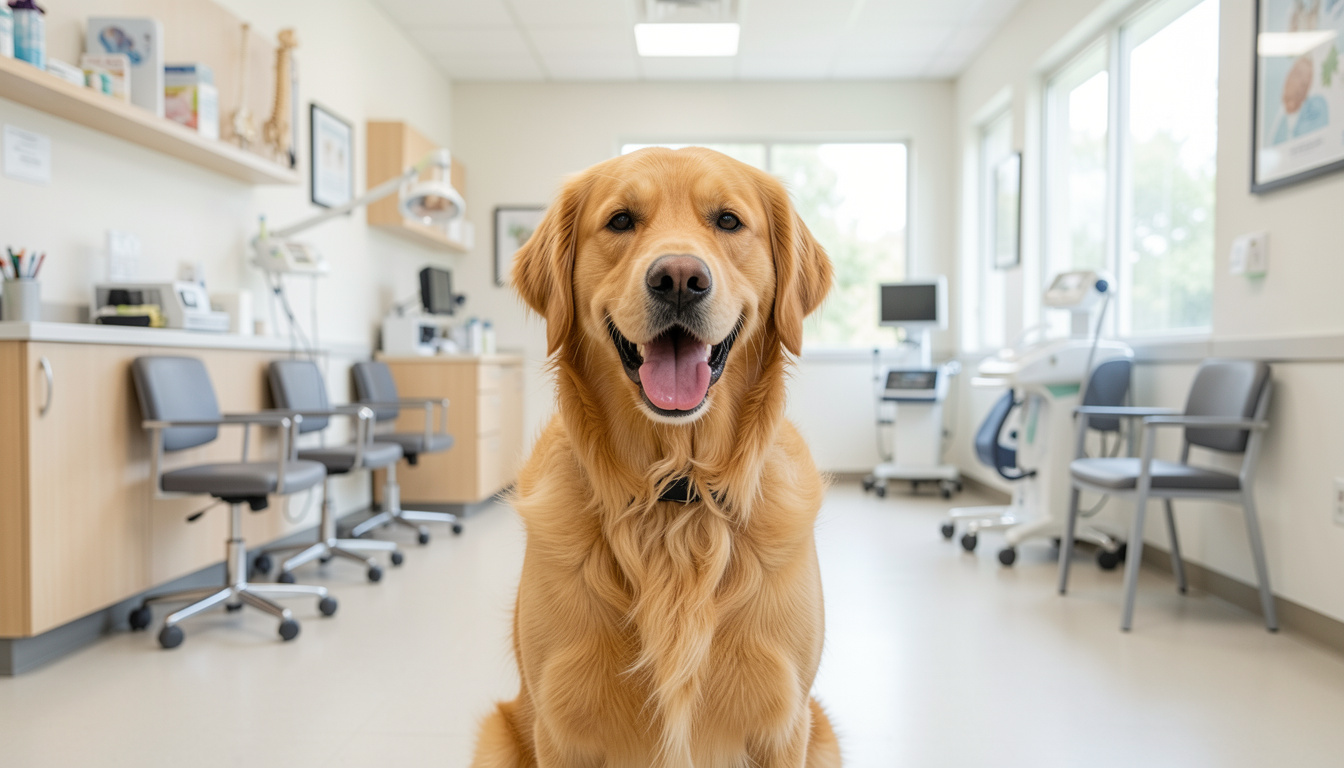 Happy golden retriever sitting in a veterinary treatment room