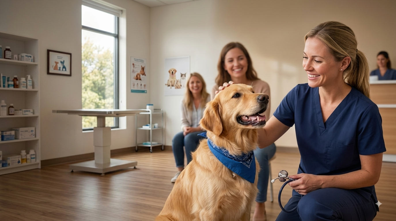 Veterinarian greeting a golden retriever in a bright consult room